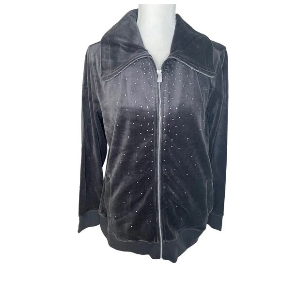 Christopher & Banks Y2K Velour Grey Zip Up Rhinestone Jacket Size Large - NWT - Picture 2 of 12